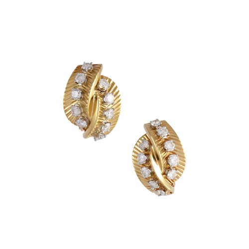 Pair of 18ct gold and diamond double leaf scroll earrings by Van Cleef & Arpels, Paris,